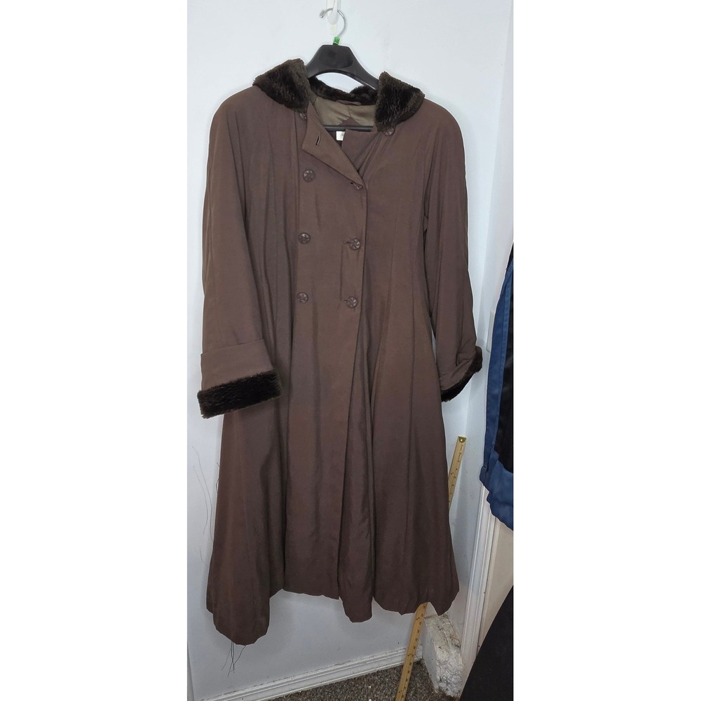 Jones New York Brown Faux Fur Trim Double Breasted Trench Coat Size M 29519